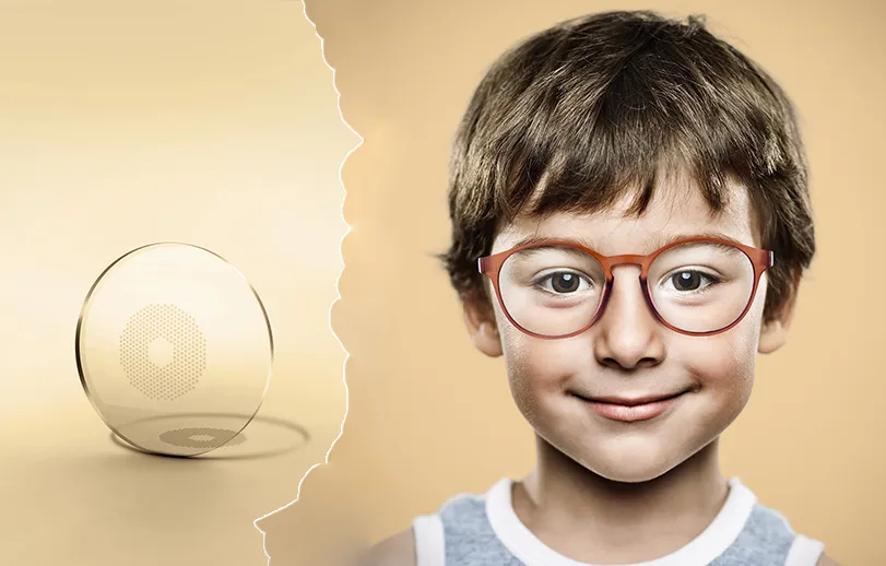 Collage Brillenglas und lächelnder Junge mit Brille